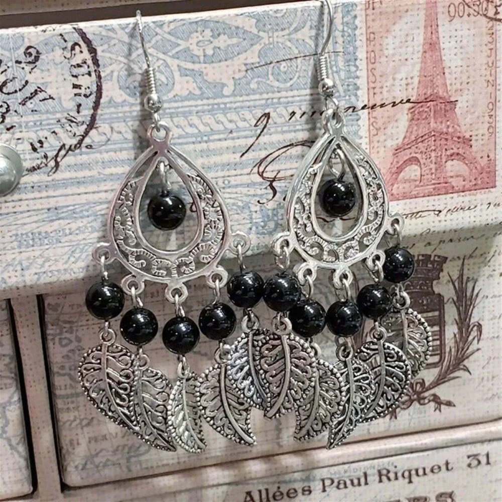 Artisan Black Onyx Gemstone Antique Silver Leaves Chandelier Earrings